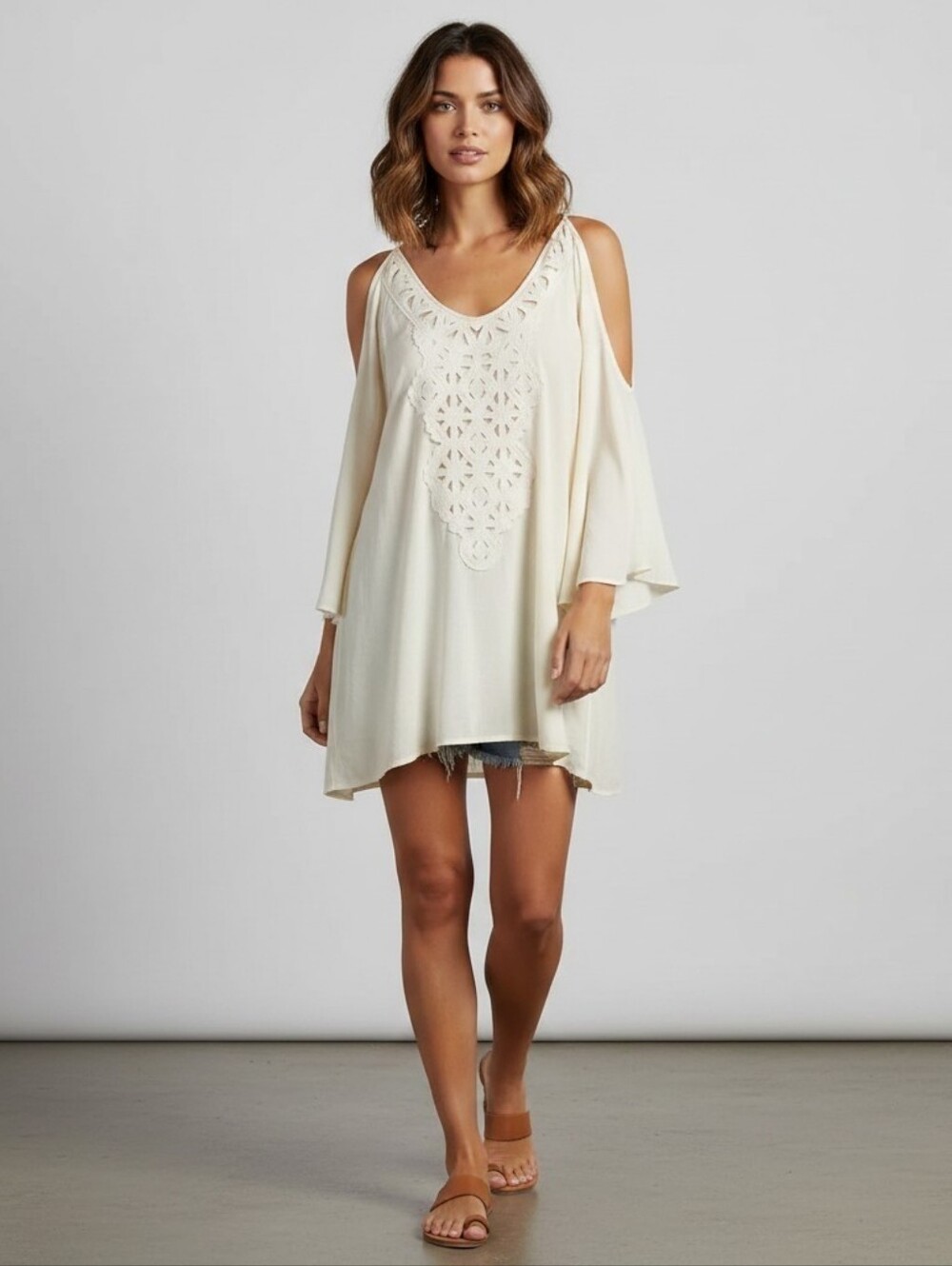 Sage Cream Colored Embroidered Inlay Mini Lined Shift Dress Cold Shoulder Sm